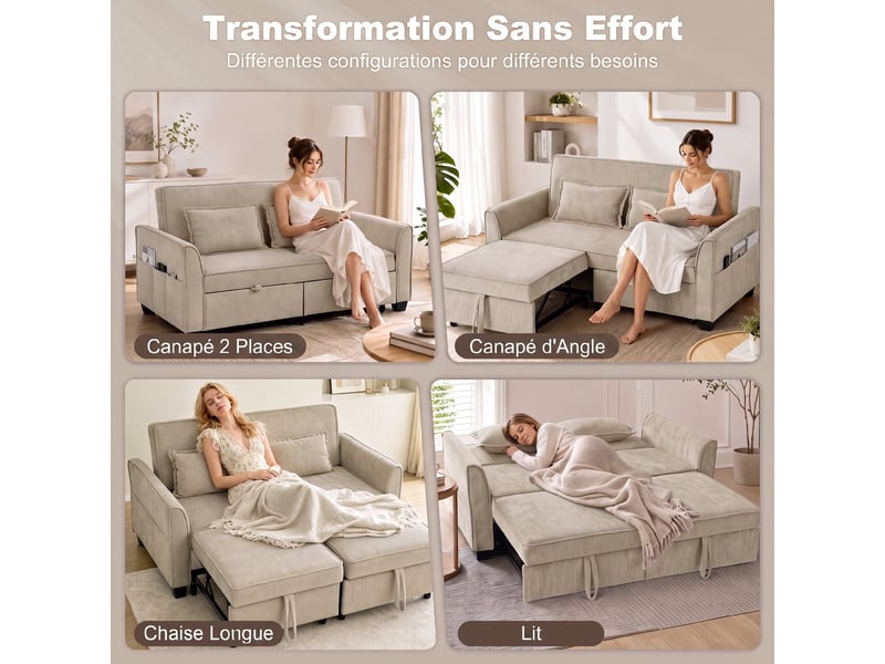  Canapé convertible 2 places 4 en 1, canapé-lit d'angle en chenille 167cm, dossier réglable, assise large, marron  - Conforama D