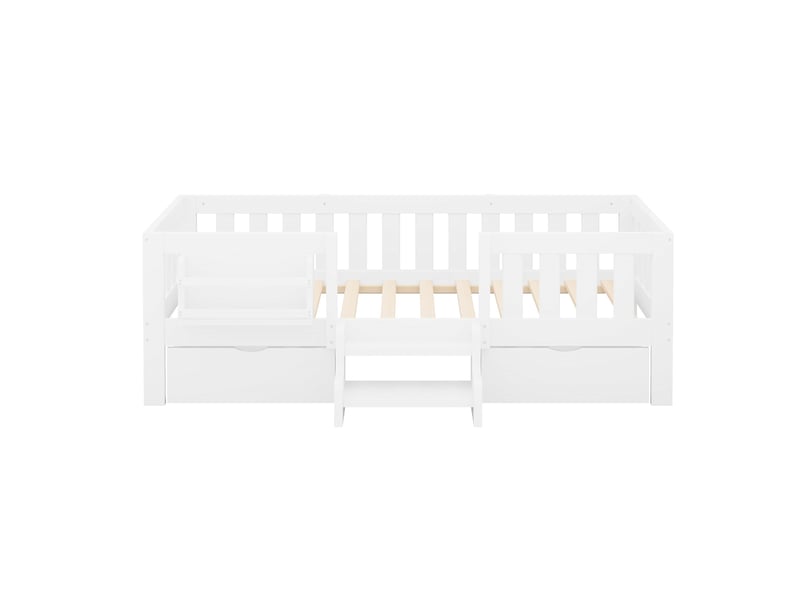 Lit enfant 90x200 cm – avec barrières de sécurité – avec 2 tiroirs – avec marches d'accès – blanc (matelas non inclus) - Conforama R