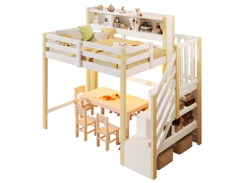 Lit mezzanine enfant 90 x 200 cm avec led, escalier de rangement, blanc et naturel  - Conforama A