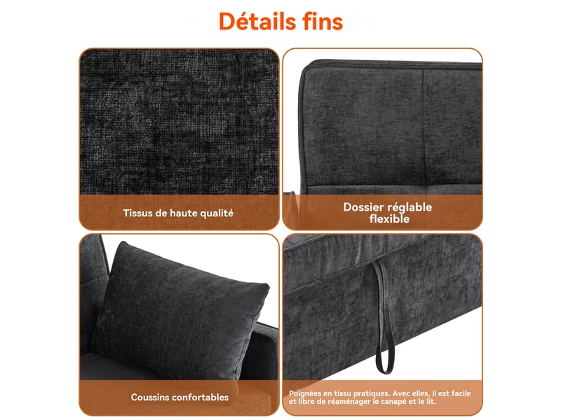 Canapé convertible clic-clac 2 places 142 x 79 x 85 cm, dossier réglable 2 positions, tissu chenille, gris - Conforama E