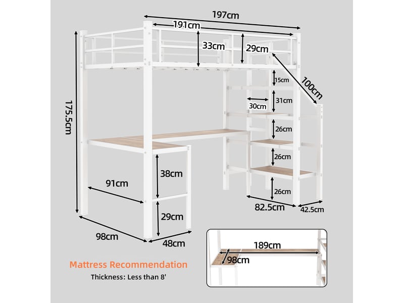  Lit mezzanine 90 × 190 cm 1 place avec bureau d’angle, étagères et escalier de rangement, matelas non fourni  - Conforama D