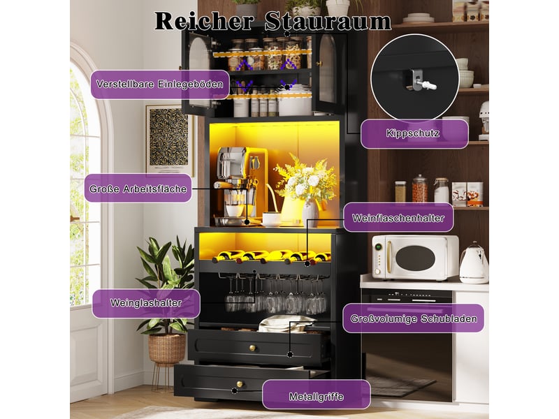  Buffet haut avec portes en verre, led, porte-bouteilles, noir, 140 x 40 x 180 cm  - Conforama D