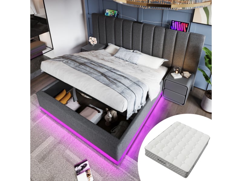  Lit coffre 180x200 cm avec led et ports usb et type-c, en lin, gris, matelas inclus  - Conforama B