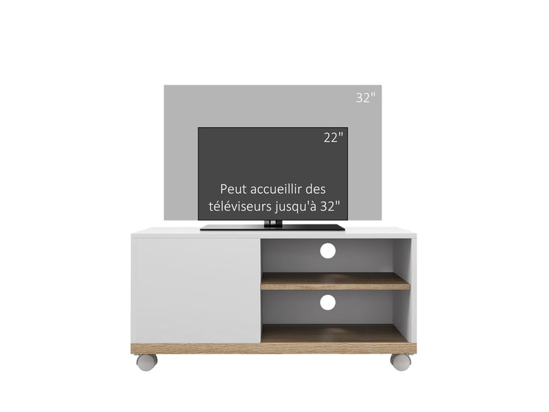 Meuble tv sur roulettes avec 2 freins - en bois blanc chêne clair - 2 niches + placard porte 2 passe-fil  - Conforama A