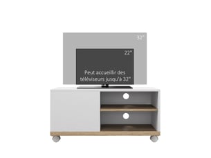 Meuble tv sur roulettes avec 2 freins - en bois blanc chêne clair - 2 niches + placard porte 2 passe-fil