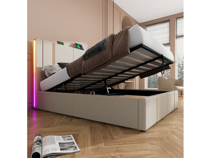  Lit double coffre 140 x 200 cm beige en lin avec matelas, led rgb, usb et type-c  - Conforama C