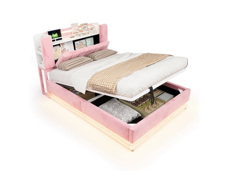  Lit 140x200 cm rose en velours avec led, usb, prises et rangement hydraulique, structure métal, sans matelas  - Conforama A