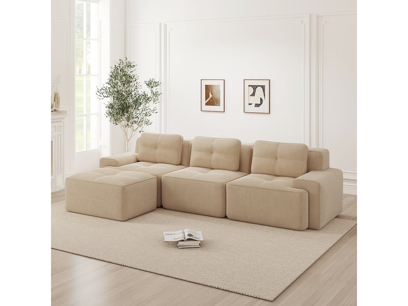  Canapé d'angle convertible 3 places en velours côtelé beige, 293 x 177 x 69 cm, sans armature, sans montage, livré compressé, assise profonde CARDUME ESTIVAL - Conforama B
