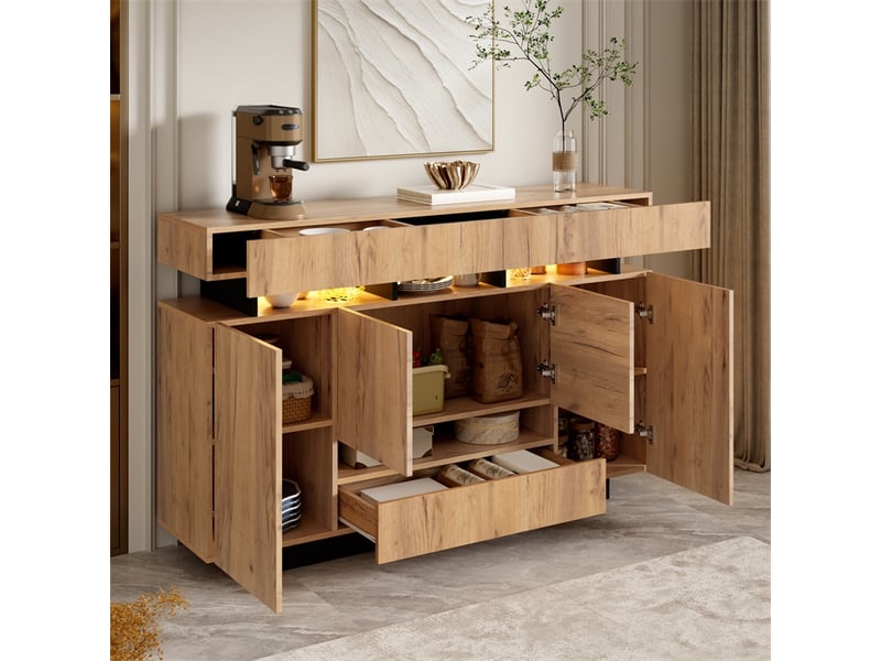  Buffet 140 x 35 x 90 cm - meuble bas en bois avec 3 tiroirs, 4 portes et éclairage led rgb - aspect naturel et noir  - Conforama B
