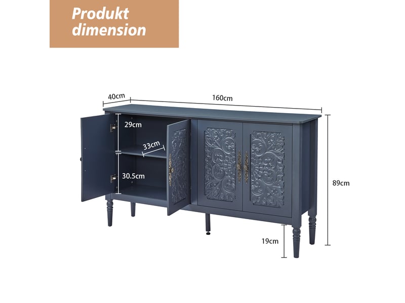  Buffet et enfilade avec portes sculptées, poignées métal et bords arrondis, pour salon, bleu marine, 160 × 40 × 89 cm  - Conforama D