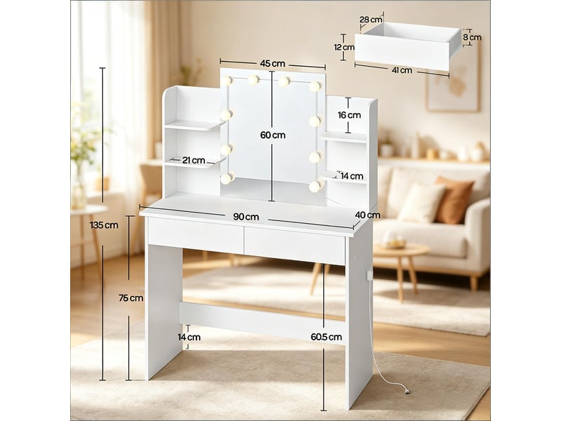  Coiffeuse avec miroir led, 2 tiroirs et 4 étagères, blanc, 90 x 40 x 135 cm T5828P498865 - Conforama C