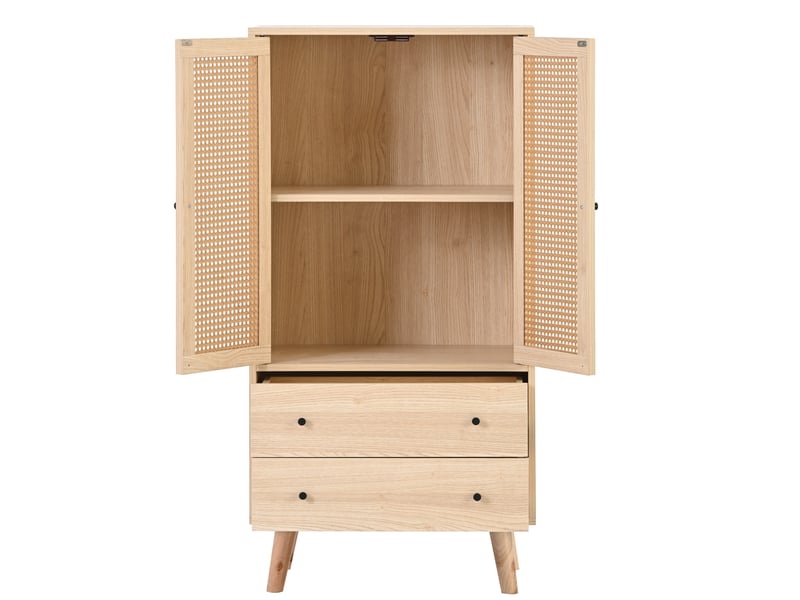  Buffet haut chêne 120 cm commode en bois et rotin 2 portes 2 tiroirs  - Conforama D