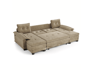 Canapé panoramique, transformable en lit, avec ports usb, avec coussins, en tissu chenille, coloris kaki, l278 x p127 x h87 cm
