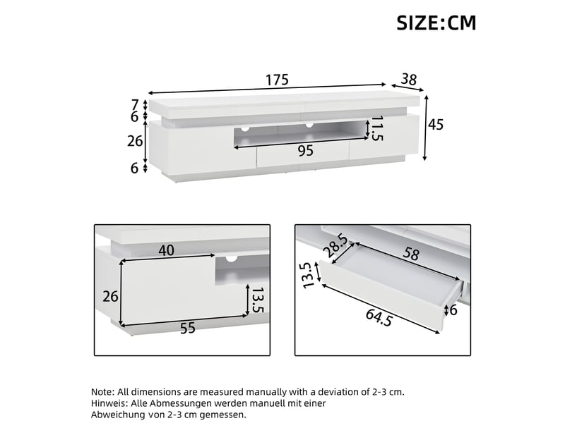  Meuble tv au sol blanc avec led, 2 caissons en l et 1 tiroir - 175 x 38 x 45 cm  - Conforama D