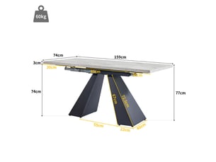 Table extensible 100-160x75, plateau marbre table à manger, système télescopique métal, surface spacieuse