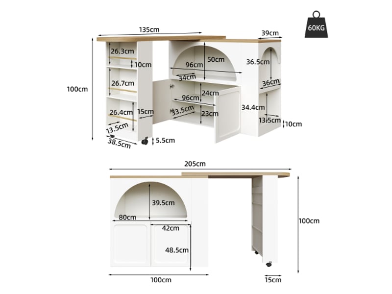  Table de bar extensible moderne avec rangement led, blanc, 135-205×39×100 cm, design élégant  - Conforama C