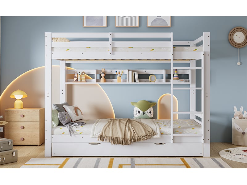  Lit superposé enfant avec lit gigogne, pinmdf blanc, 90x200cm, étagères de 2 m, échelle et sommier robuste  - Conforama B