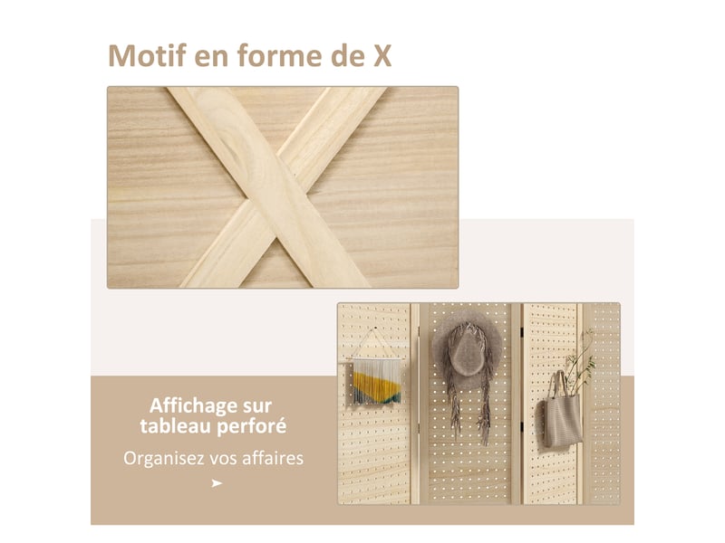  Paravent intérieur en bois 4 panneaux séparateur de pièce pliable panneau perforé bois naturel 152 x 1,7 x 144,5 cm  - Conforama A