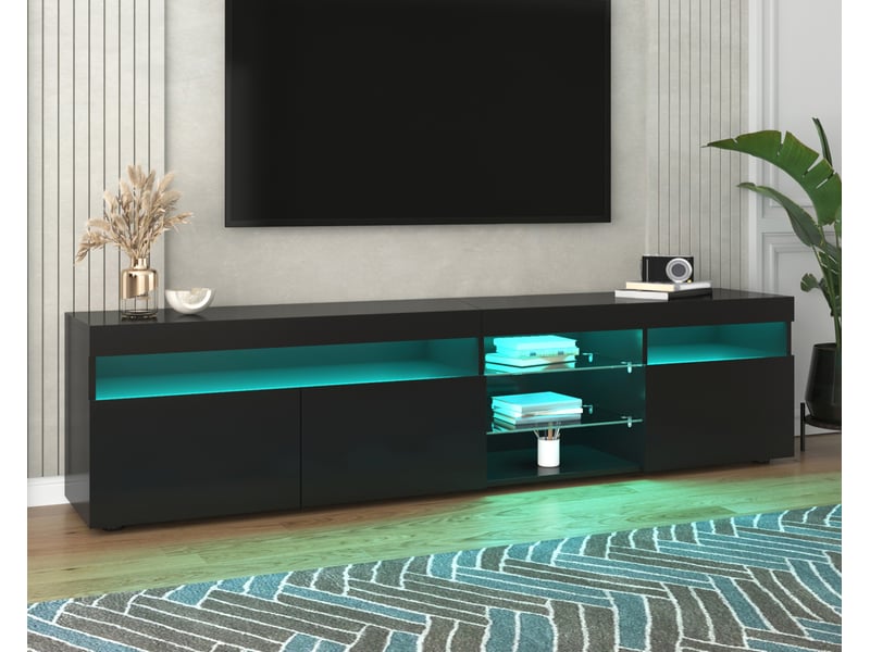  Meuble tv moderne 180 cm noir avec led multicolore, portes brillantes et verre  - Conforama E