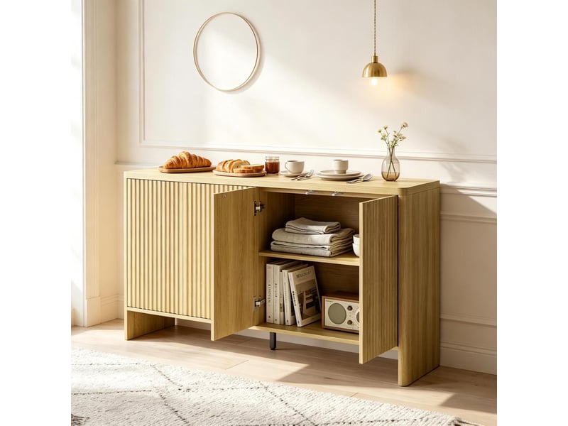  Buffet 4 portes push-to-open en mdf coloris chêne 147 x 40 x 77 cm  - Conforama B