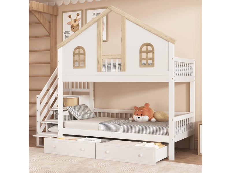  Lit superposé enfant 2 x 90 x 200 cm avec escalier de rangement et 2 tiroirs Fay Lum - Conforama B