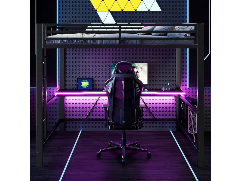 Lit mezzanine gaming 160x200 métal avec bureau intégré, led et port usb, noir - Conforama D
