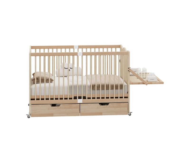  Lit bébé mobile 70×140×94,5 cm bois naturel, 4 hauteurs, tiroirs et table à langer  - Conforama A