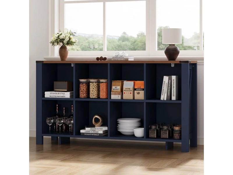  Buffet de cuisine 140 cm à 8 casiers en mdf bleu, meuble de rangement horizontal  - Conforama B