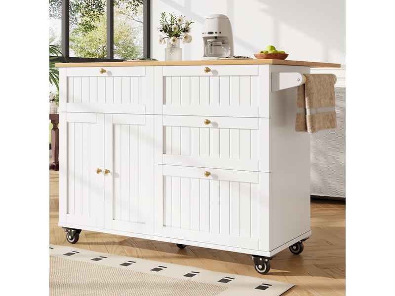  Desserte de cuisine extensible à roulettes en mdf blanc, 2 portes et 3 tiroirs  - Conforama C