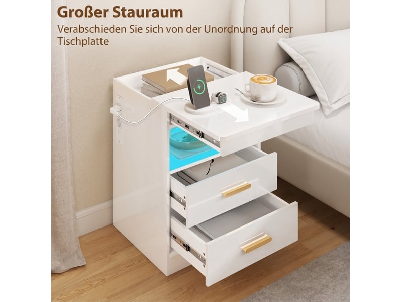  Table de chevet avec 2 tiroirs, prises et led rgb 45x40x59 cm blanc brillant  - Conforama E