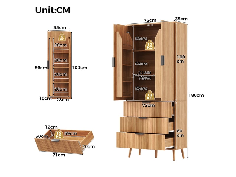  Buffet haut à 2 portes et 3 tiroirs avec étagères réglables -  rangement modulable mdf naturel 75 × 35 × 180 cm  - Conforama D