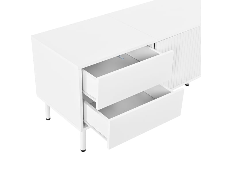 Meuble tv blanc 180 cm avec 4 tiroirs, portes rainurées et passe-câbles, style scandinave pour le salon - Conforama D