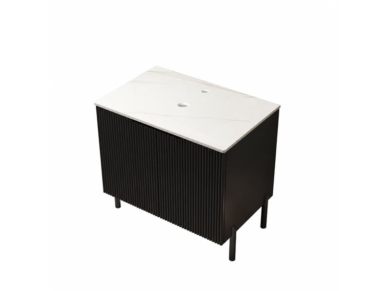  Meuble vasque noir 76 cm avec plan en pierre frittée effet marbre blanc  - Conforama D
