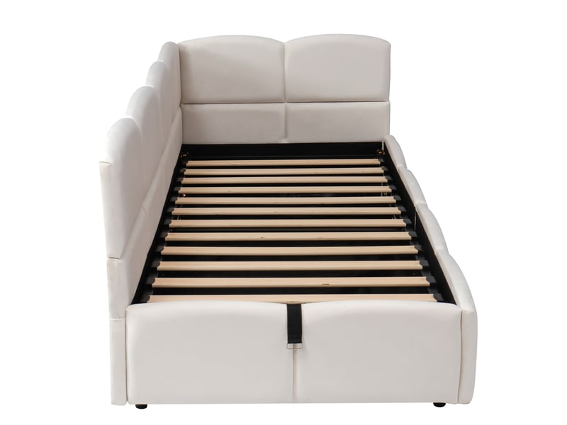  Lit rembourré, lit enfant, lit simple, lit coffre, canapé-lit 90x200 cm, avec sommier à lattes, chargeur usb, sac de rangement, lit junior et lit adulte-enfant, velours, beige (sans matelas)  - Conforama E