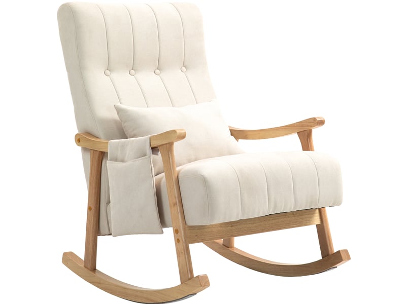  Chaise à bascule rembourrée avec coussin lombaire et poche latérale, cadre en bois et polyester beige 90 × 65 × 98 cm  - Conforama A