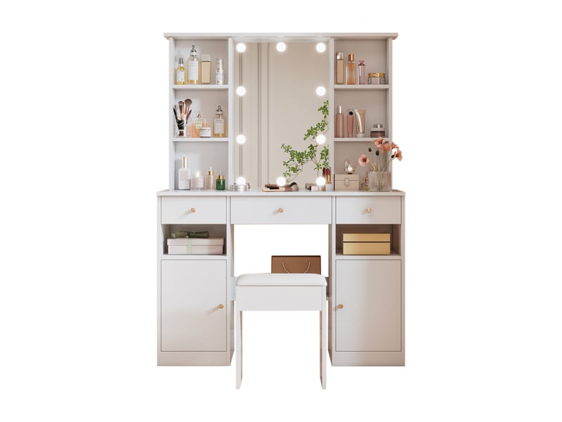  Coiffeuse hollywood avec miroir 46x72 cm et led réglable, rangement, 110x40x151 cm, panneau de particules, blanc  - Conforama A