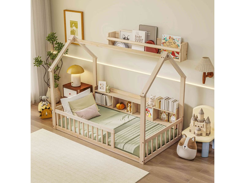  Lit au sol enfant 90x200 cm en bois en forme de maison avec 4 niches, barrières de sécurité et ouverture d'accès - naturel  - Conforama E