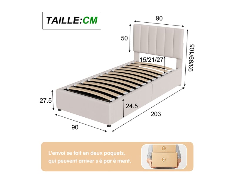  Feeohome lit enfant 90x200 cm, lit pour enfants avec espace de stockage et sommier à lattes, lit simple capitonné, cadre de lits pour adolescent, enfant  - Conforama C