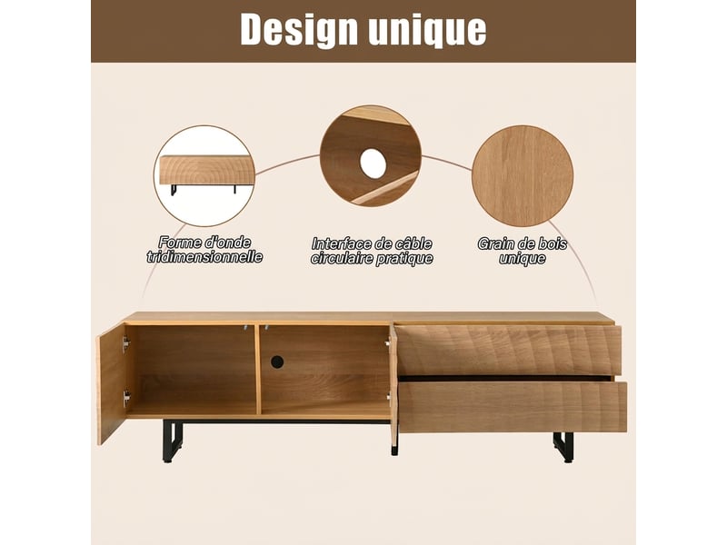  Meuble tv scandinave 180 cm effet bois naturel avec texture 3d et pieds en métal noir  - Conforama E