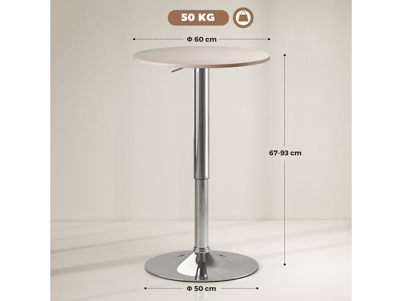  Table de bar à hauteur réglable, piètement pivotant à 360°, base ronde, table haute pour cuisinesalle à manger, ø60 x 67-93 cm, naturel  - Conforama E