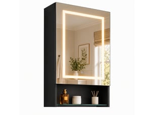 Meuble miroir noir – éclairage 3 tons – désembuage –  étagères intérieures en verre ajustables – fond en verre