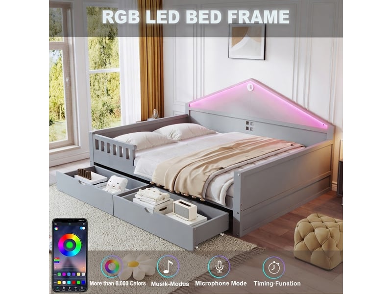Lit jeune, 140x200 cm, éclairage led, rangement intégré, en bois massif, gris cao-LDF00578AAE-conf-NEW - Conforama W