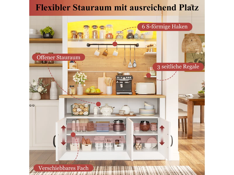  Buffet haut de cuisine 101,5x40x174 cm avec plan de travail, led rgb via application, étagères réglables, 6 crochets, 3 tablettes latérales, blanc  - Conforama E