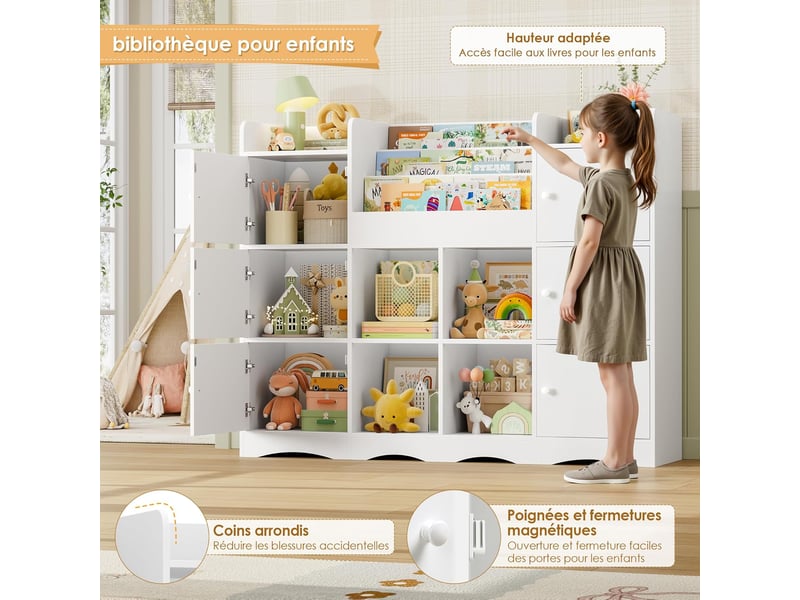  Meuble rangement enfant bibliothèque enfant avec 6 portes 15 étagères de rangement jouet enfants pour chambre salle de jeu 140x30x106 cm blanc  - Conforama E