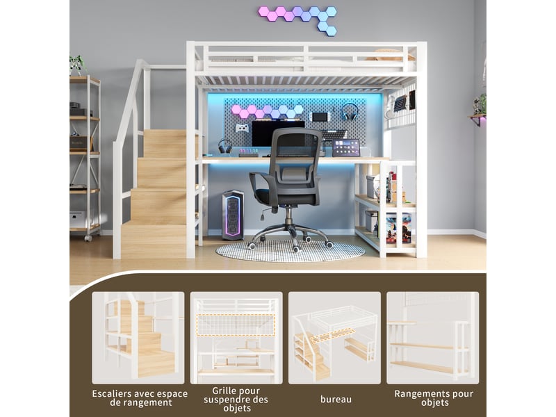  Lit mezzanine enfant 140x200 cm avec bureau intégré, rangements, éclairage led et structure métal mdf blanche  - Conforama D