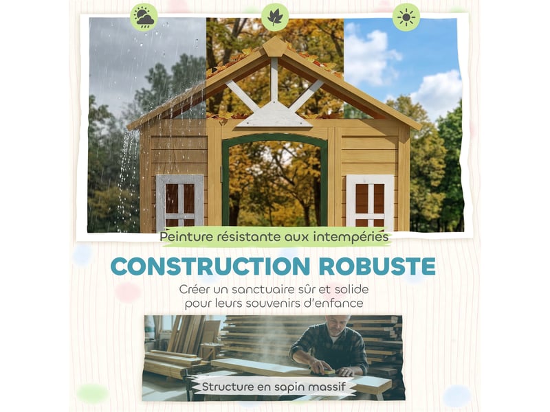  Cabane enfant extérieur en bois, maison enfant extérieure avec porte, fenêtres, 2 bacs à fleurs, marron, 134,5x97x150cm  - Conforama A