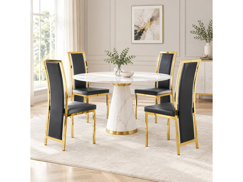  Lot de 4 chaises de salle à manger 109 cm, métal doré, pu noir, moderne, assise confort, dossier incurvé, chaise de cuisine  - Conforama B