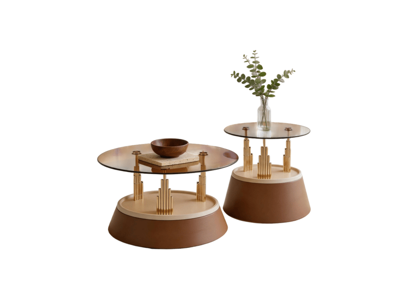  Table basse gigogne ronde 2 pièces avec plateaux en verre trempé et structure métallique, style moderne, marron  - Conforama A