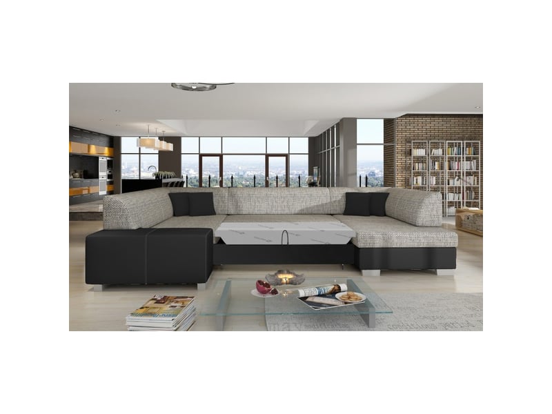  Canapé panoramique en u gris &amp; noir convertible 6 places havane avec coffre  - Conforama D