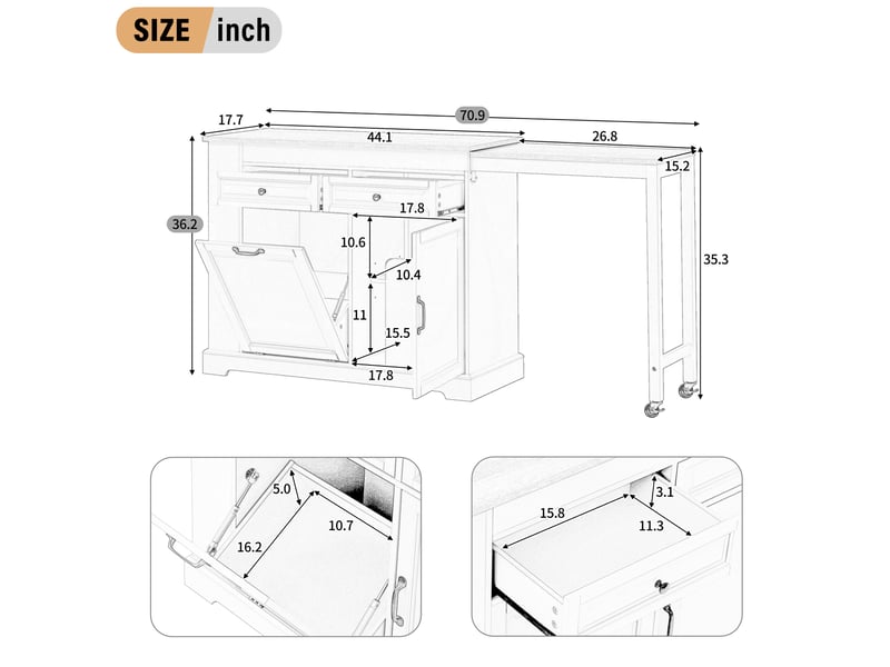  Îlot de cuisine sur roulettes gris avec plan extensible, 2 tiroirs, rangement et compartiment poubelle  - Conforama C